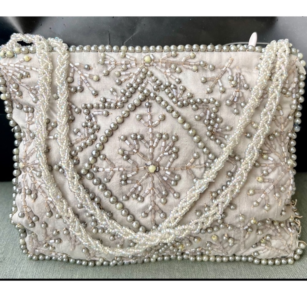 Vintage CHRISTIANA Silver Silk Handmade Beaded Bag Purse